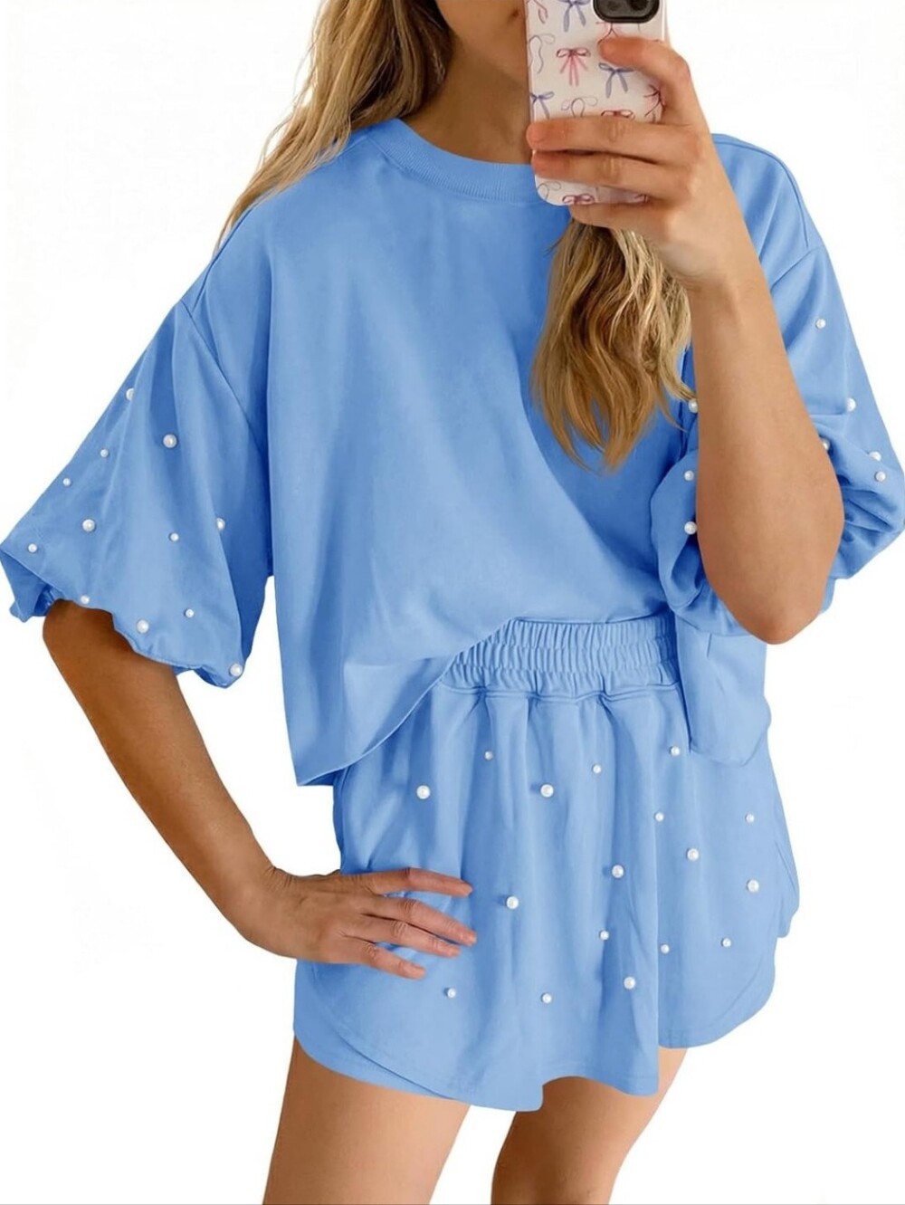 Women's Blue Pearl-Embellished Lounge Skort Set